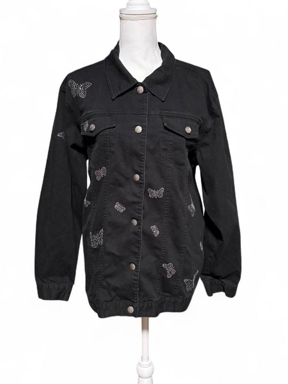 Quacker Factory Black Denim Butterfly Rhinestone Jacket Y2K Grunge Large